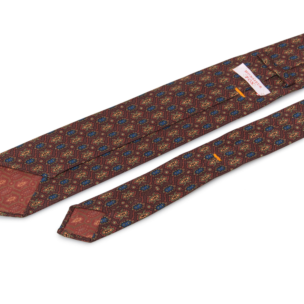 Artisan Silk Tie - Burgundy with Blue + Orange Florets