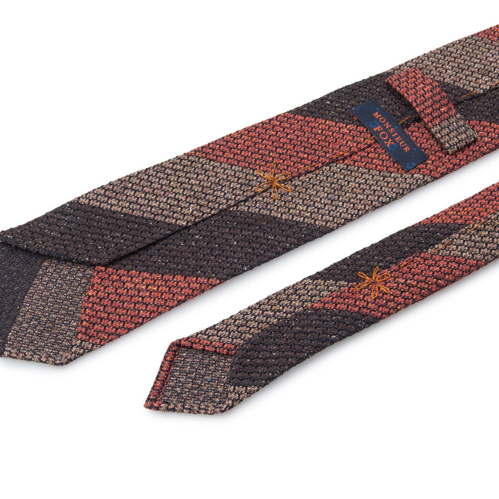 Block Stripe Grenadine Tie - Red, Brown & Grey