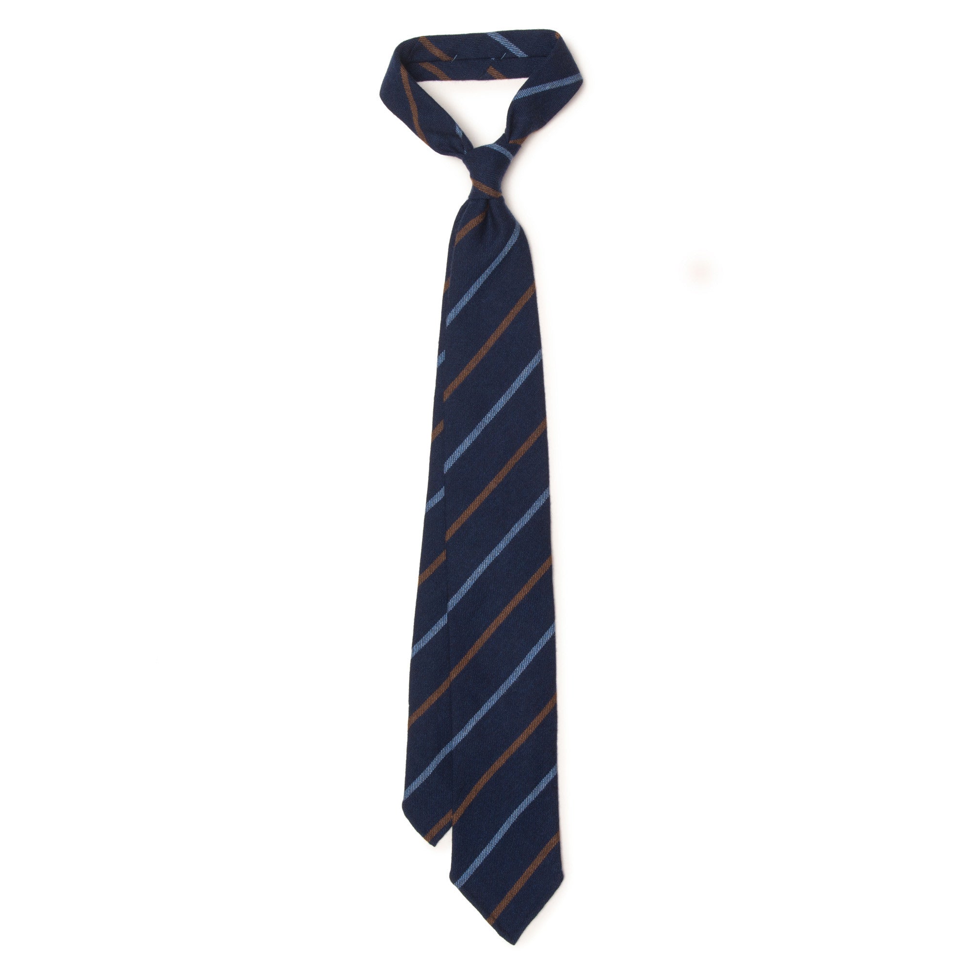 Striped Cashmere Tie - Light Blue and Brown on Dark Navy