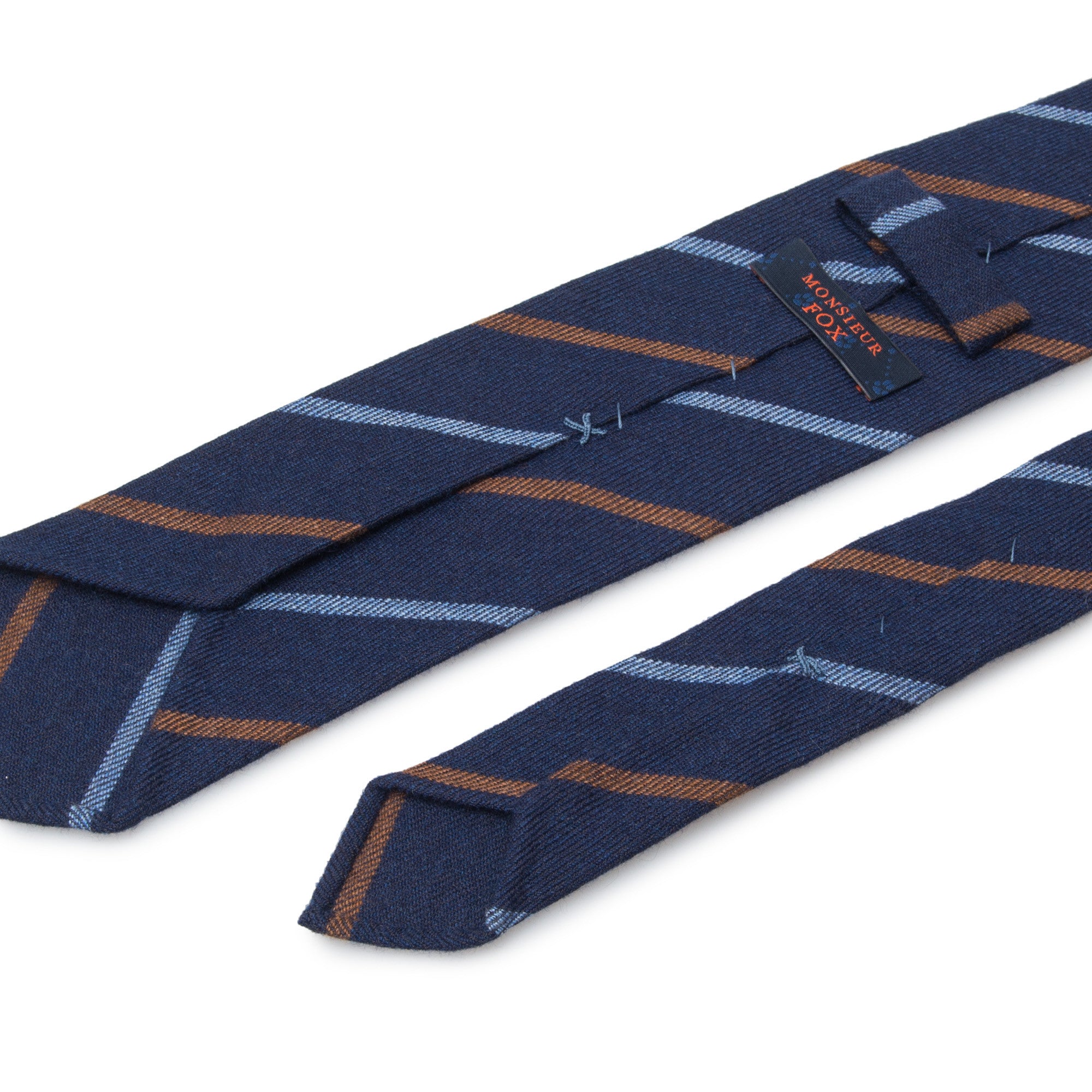 Striped Cashmere Tie - Light Blue and Brown on Dark Navy