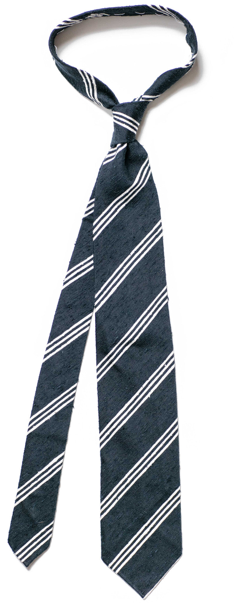 Navy, Red & White Striped Shantung Silk Tie